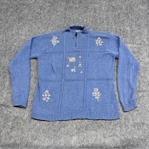 Tulchan Sweater Womens Large Blue Floral Embroider 1/4 Zip Cottagecore Vintage